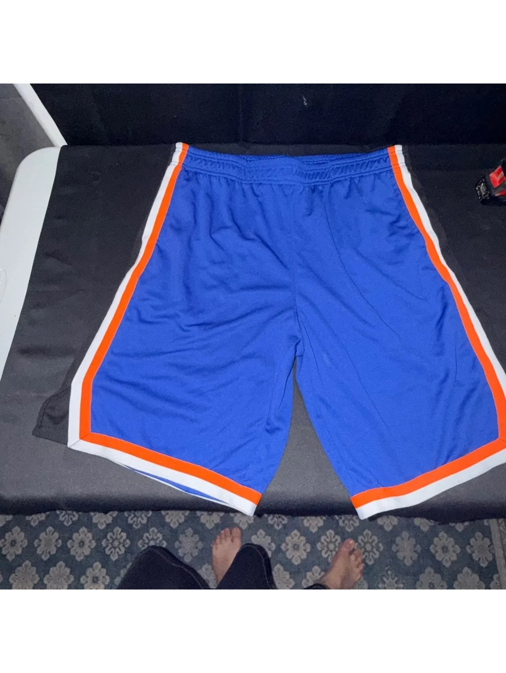 Blue Athletic Shorts with Orange and White Trim